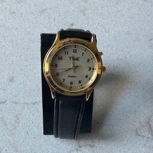 TIME Quartz‎ Watch Gold Tone Case Black Faux Leather Band Japan Movement Womens